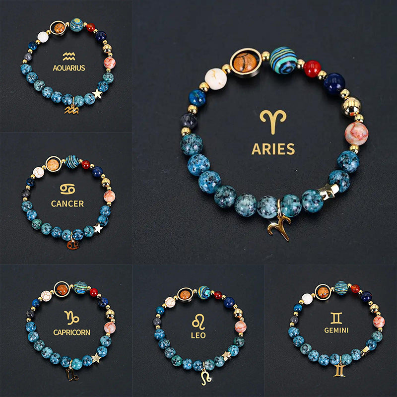 temu cross-border explosive eight planets and twelve constellation bracelets natural stone blue black spotted stone bracelets wholesale
